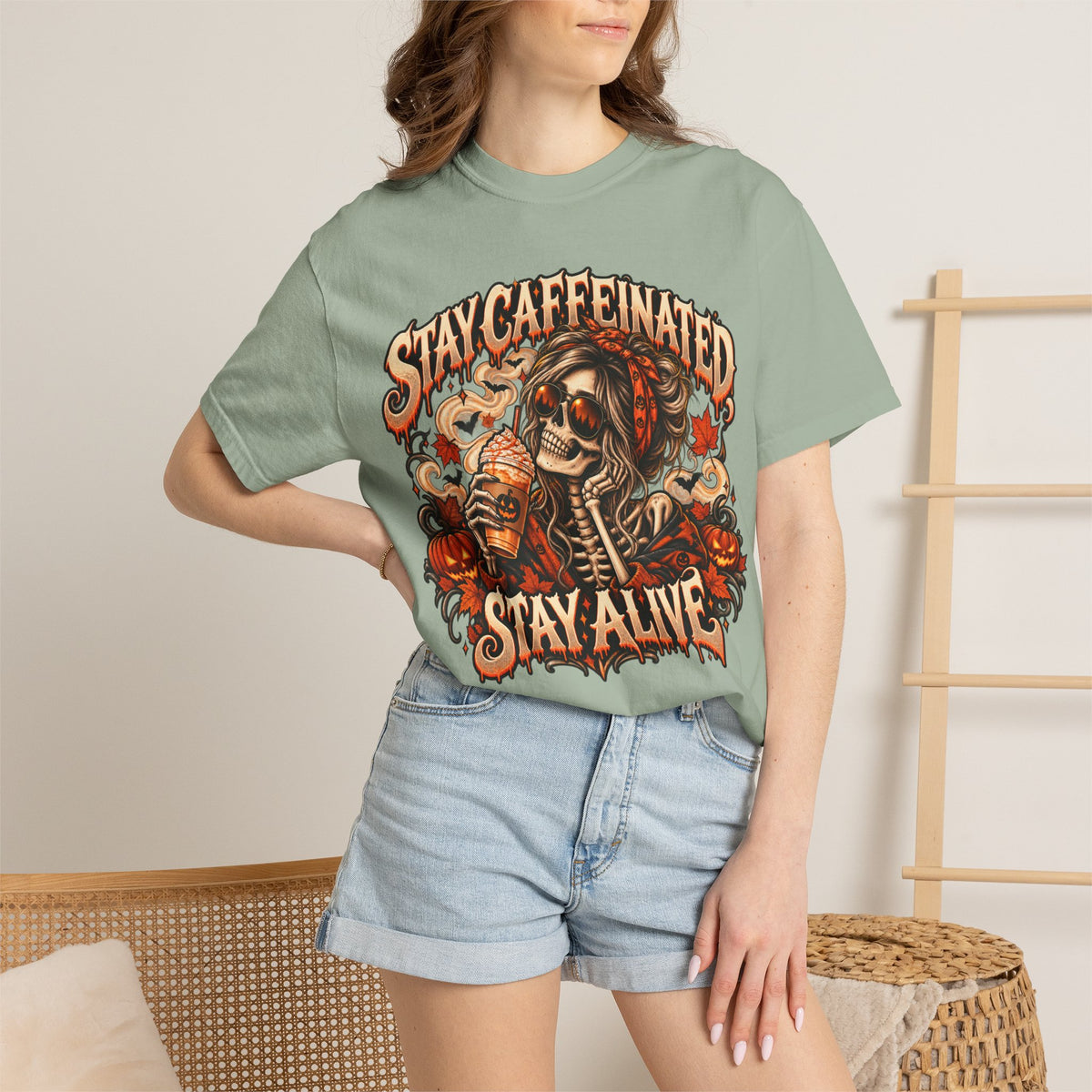 Stay Caffeinated Stay Alive Hers T-Shirt — Skeleton Coffee Graphic Tee