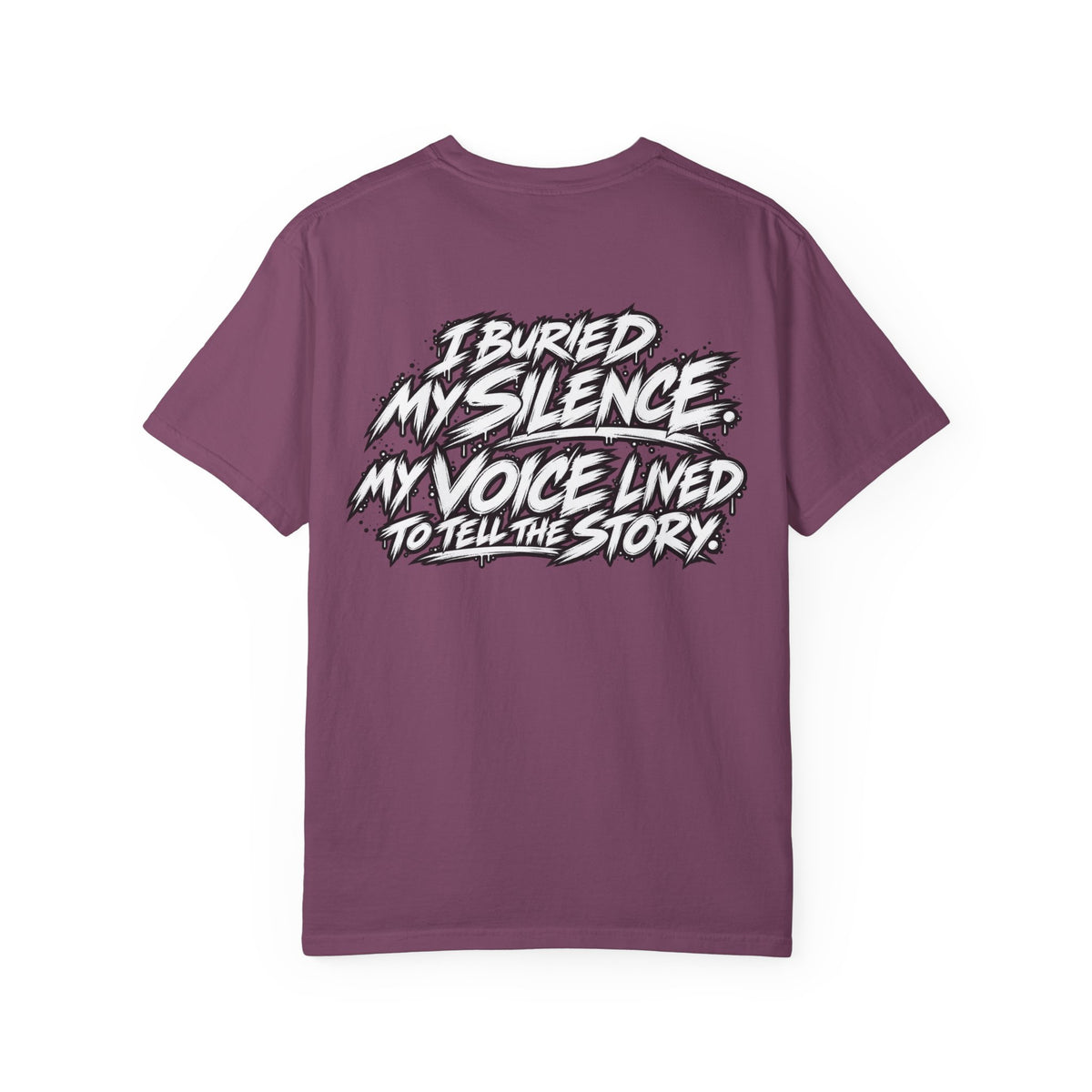 Graphic T-Shirt — "Smokeyy" with Back Text: "I Buried My Silence, My Voice Lined to Tell the Story" Inspiring Graphic