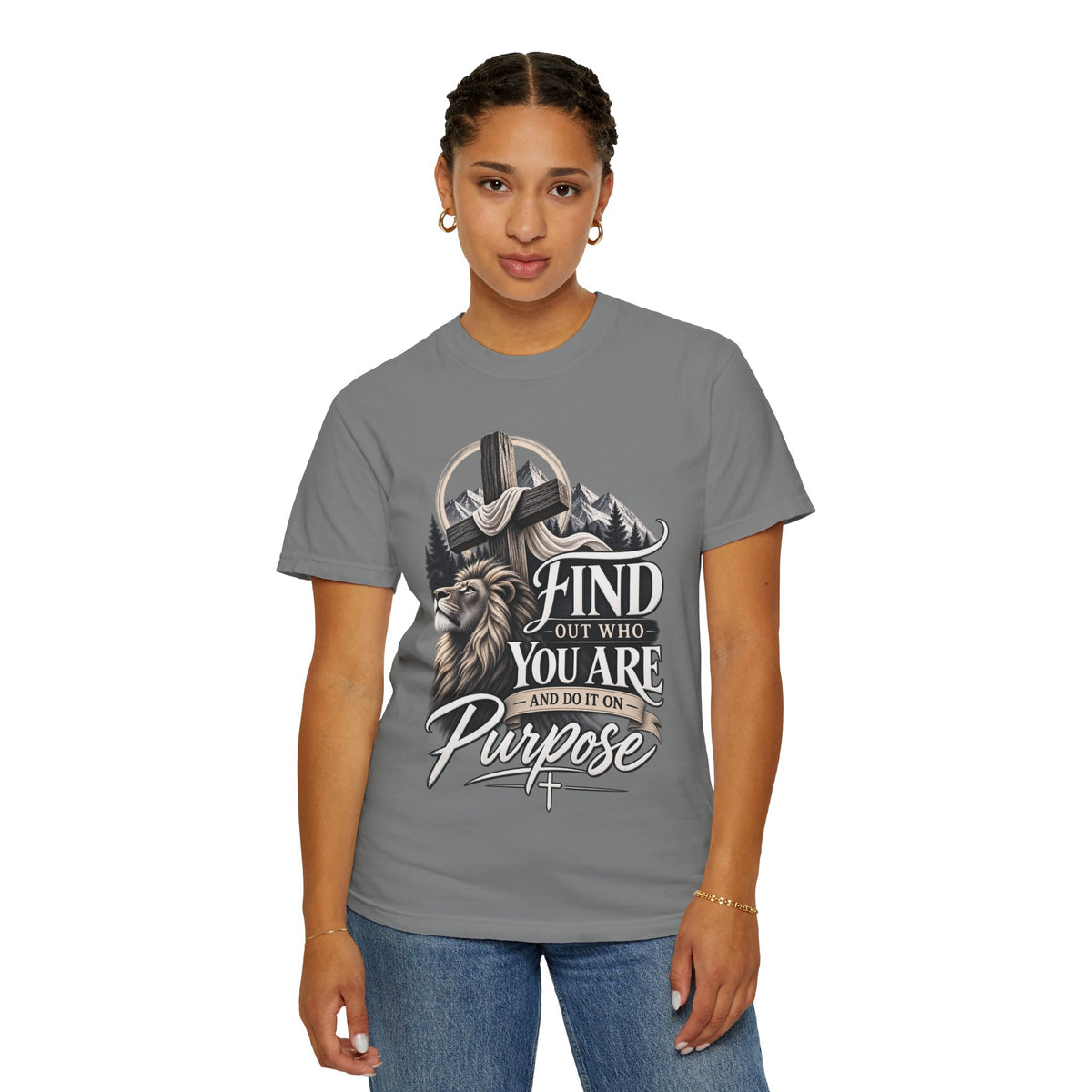 Find Out Who You Are Purpose T-Shirt — Inspirational Christian Mountain & Cross Tee