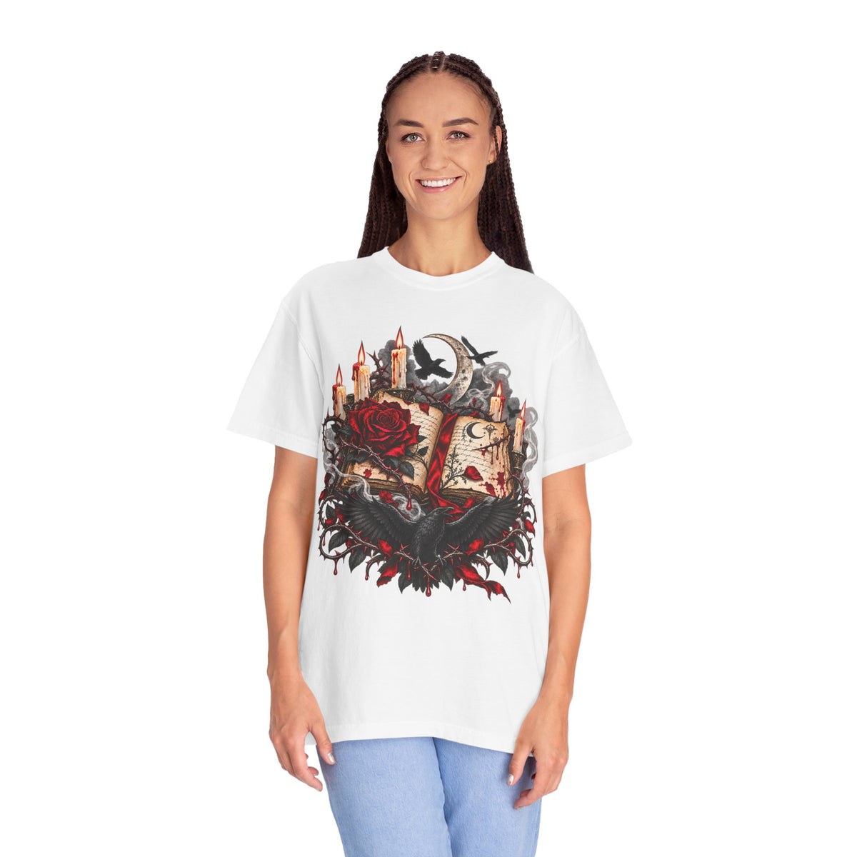 Gothic Spellbook Tee — Rose, Candles & Raven Graphic T-Shirt