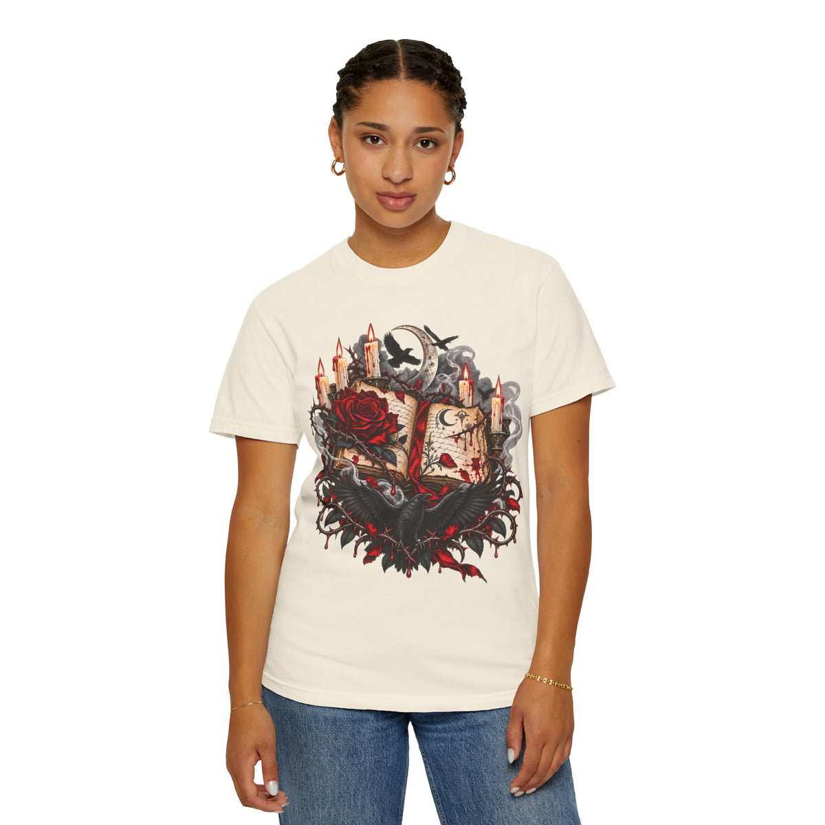 Occult Grimoire T-Shirt — Witchy Book, Rose & Candle Gothic Tee