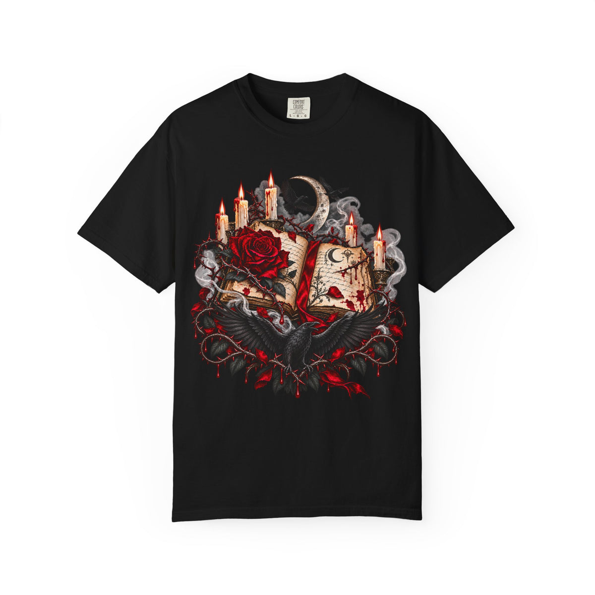 Gothic Spellbook Tee — Rose, Candles & Raven Graphic T-Shirt