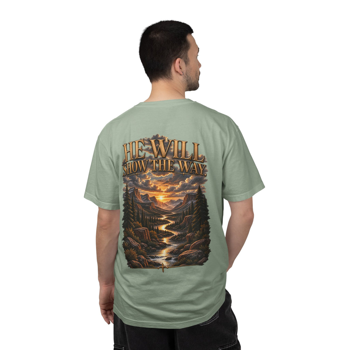 Psalm 23 Compass T-Shirt — "He Will Show The Way" Scenic Graphic Tee