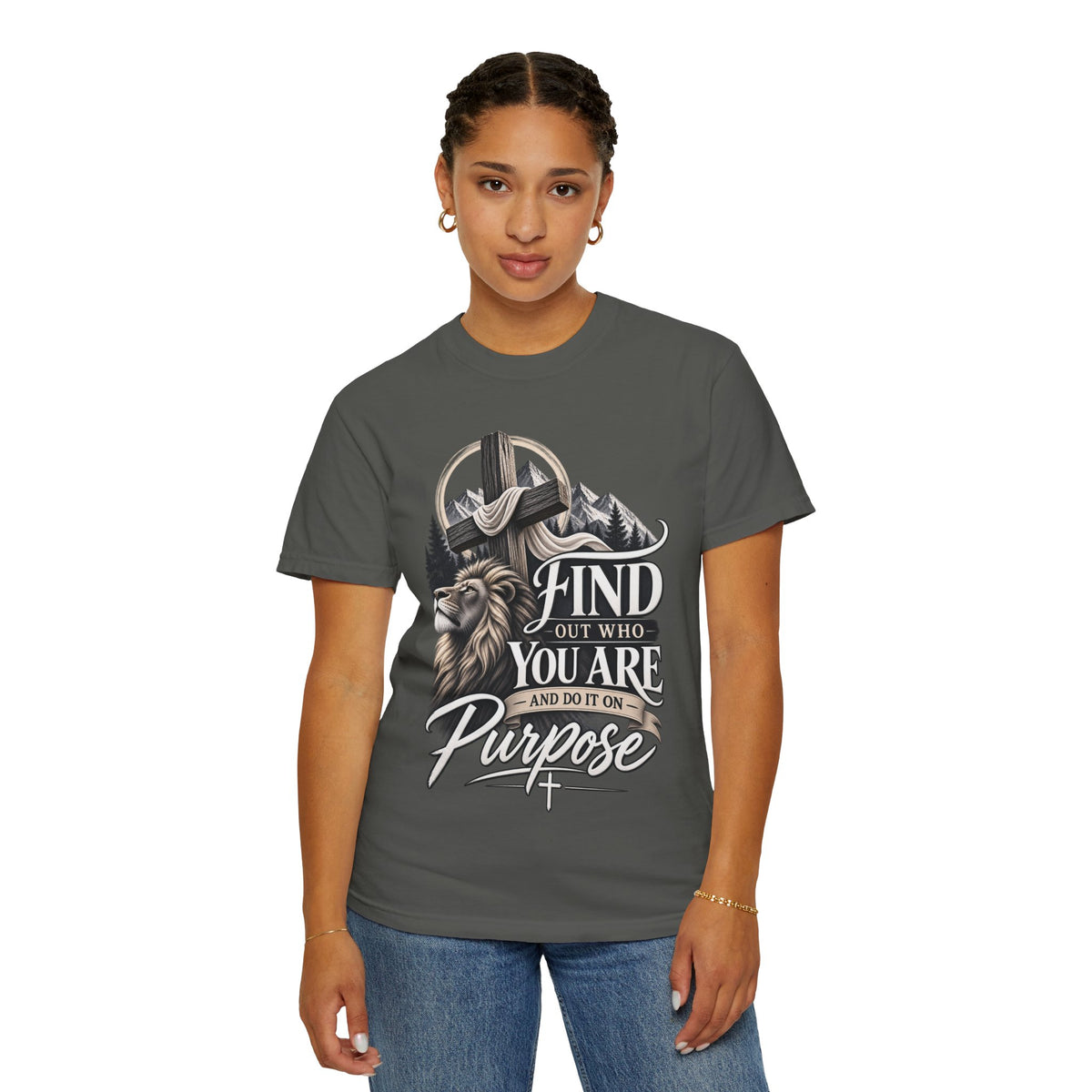 Find Out Who You Are Purpose T-Shirt — Inspirational Christian Mountain & Cross Tee