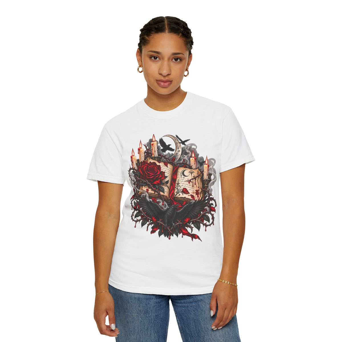 Occult Grimoire T-Shirt — Witchy Book, Rose & Candle Gothic Tee