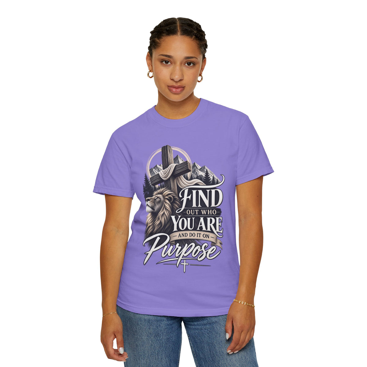 Find Out Who You Are Purpose T-Shirt — Inspirational Christian Mountain & Cross Tee