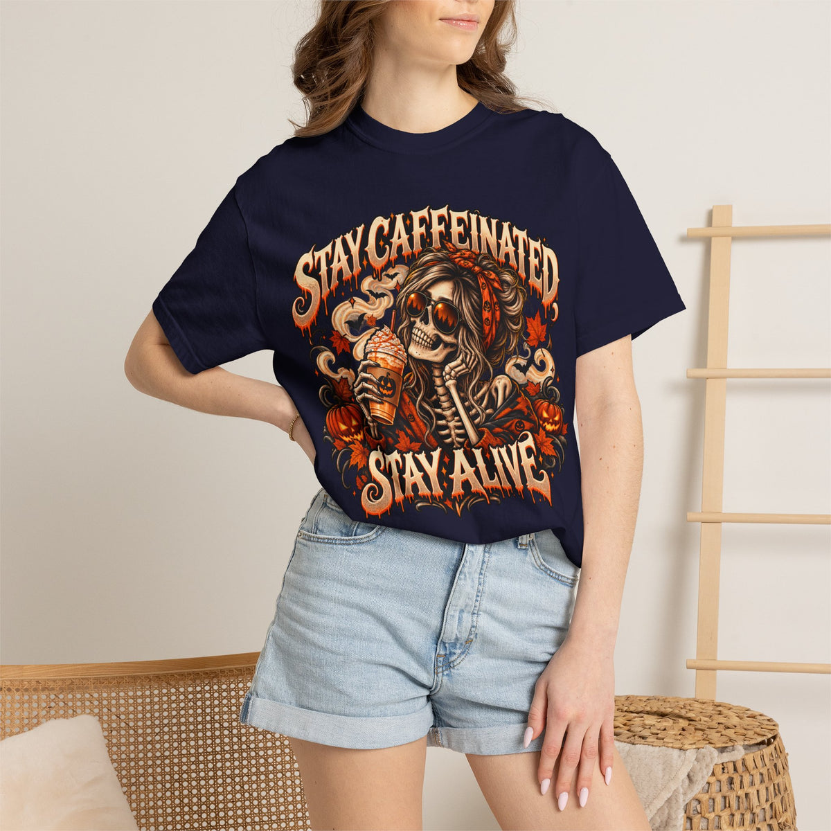 Stay Caffeinated Stay Alive Hers T-Shirt — Skeleton Coffee Graphic Tee