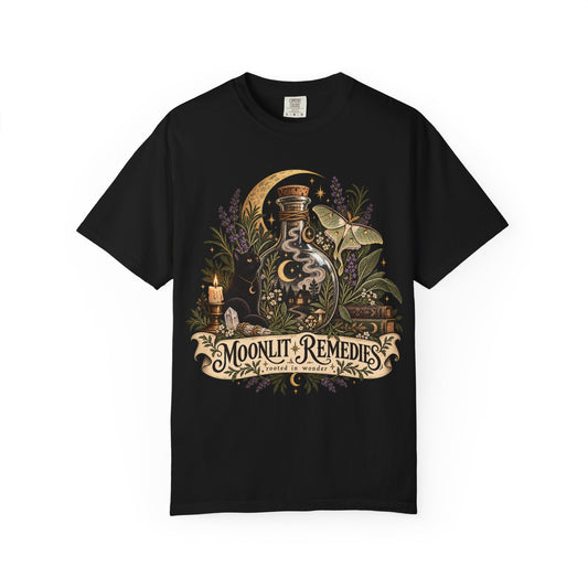 Moonlit Remedies T-Shirt — Vintage Apothecary Potion Graphic Tee