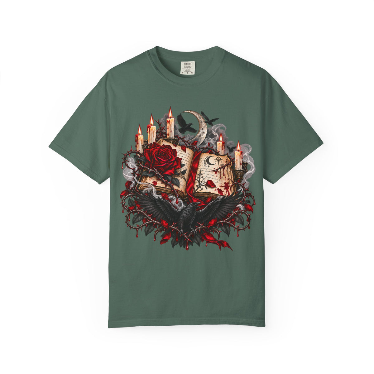 Gothic Spellbook Tee — Rose, Candles & Raven Graphic T-Shirt