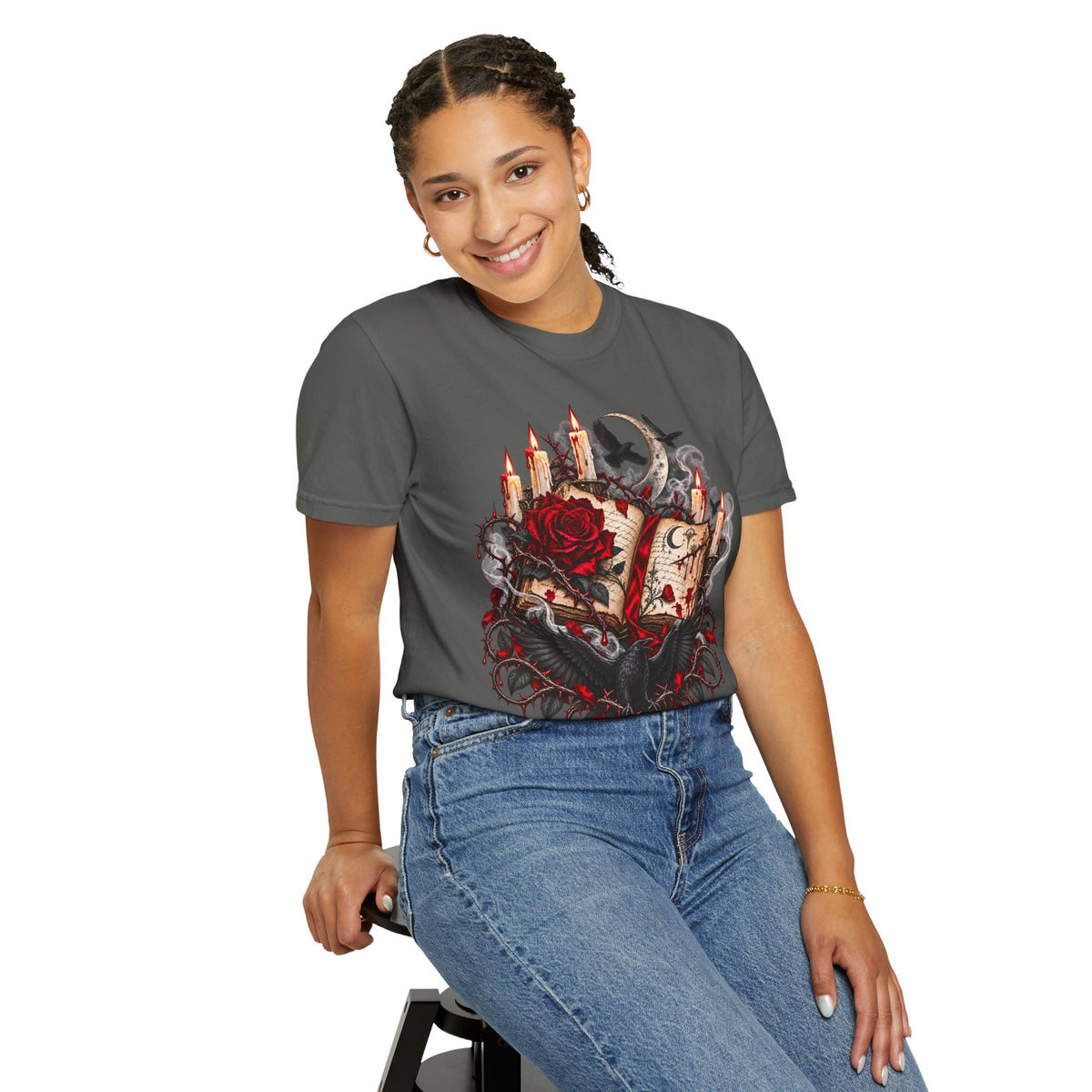 Gothic Spellbook Tee — Rose, Candles & Raven Graphic T-Shirt