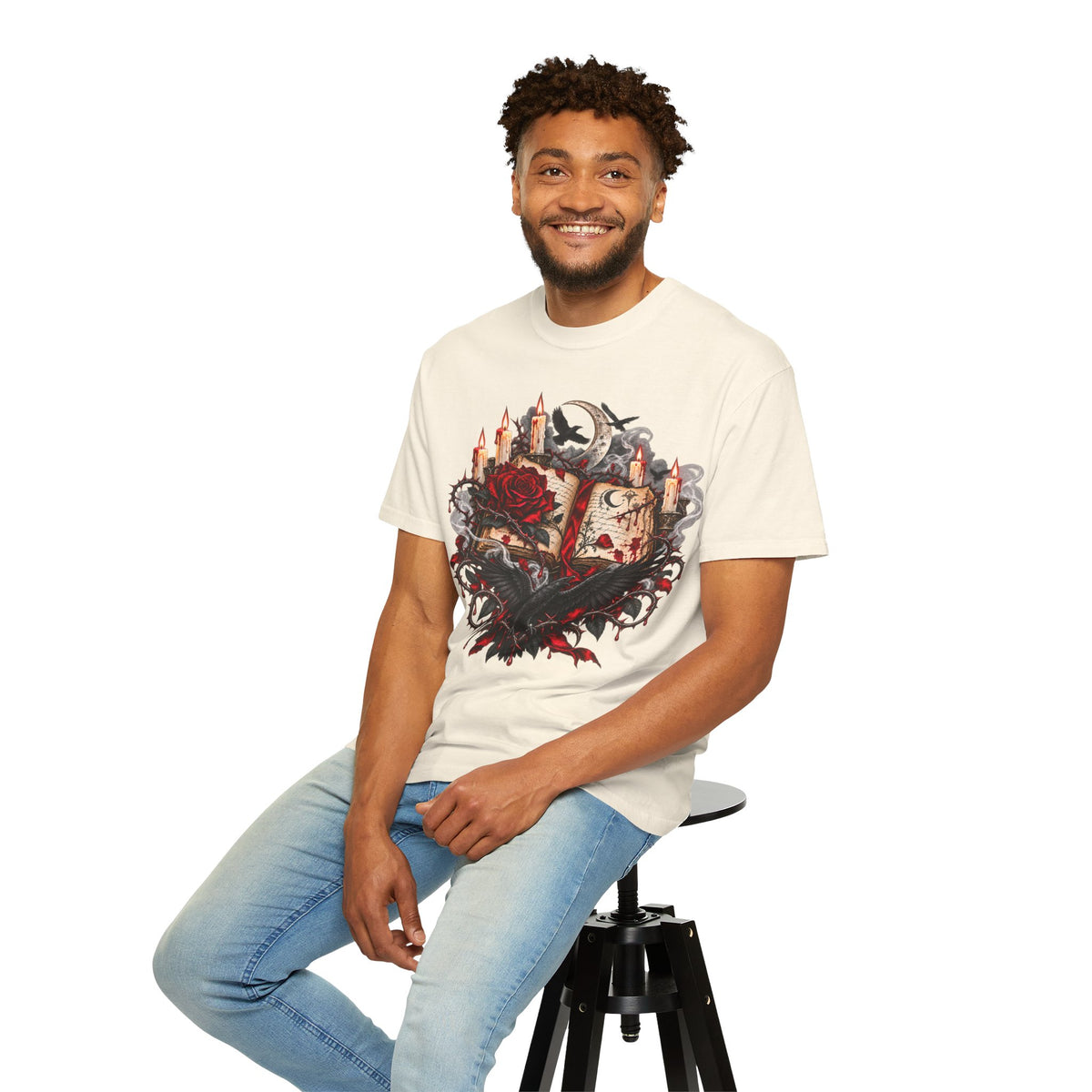 Gothic Spellbook Tee — Rose, Candles & Raven Graphic T-Shirt