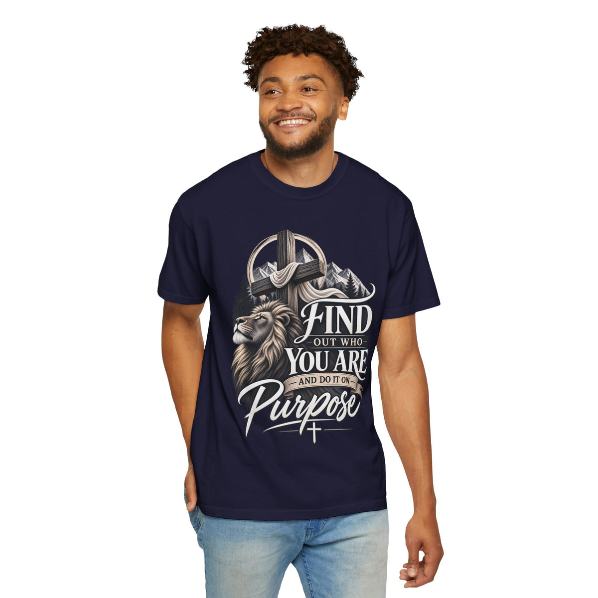 Find Out Who You Are Purpose T-Shirt — Inspirational Christian Mountain & Cross Tee