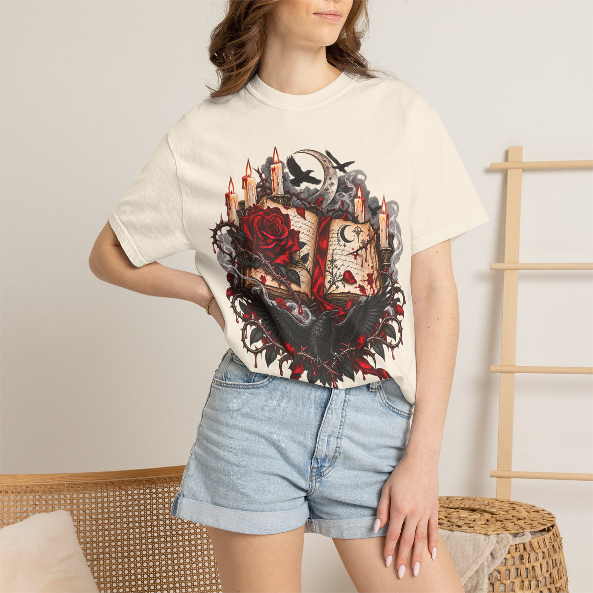 Occult Grimoire T-Shirt — Witchy Book, Rose & Candle Gothic Tee