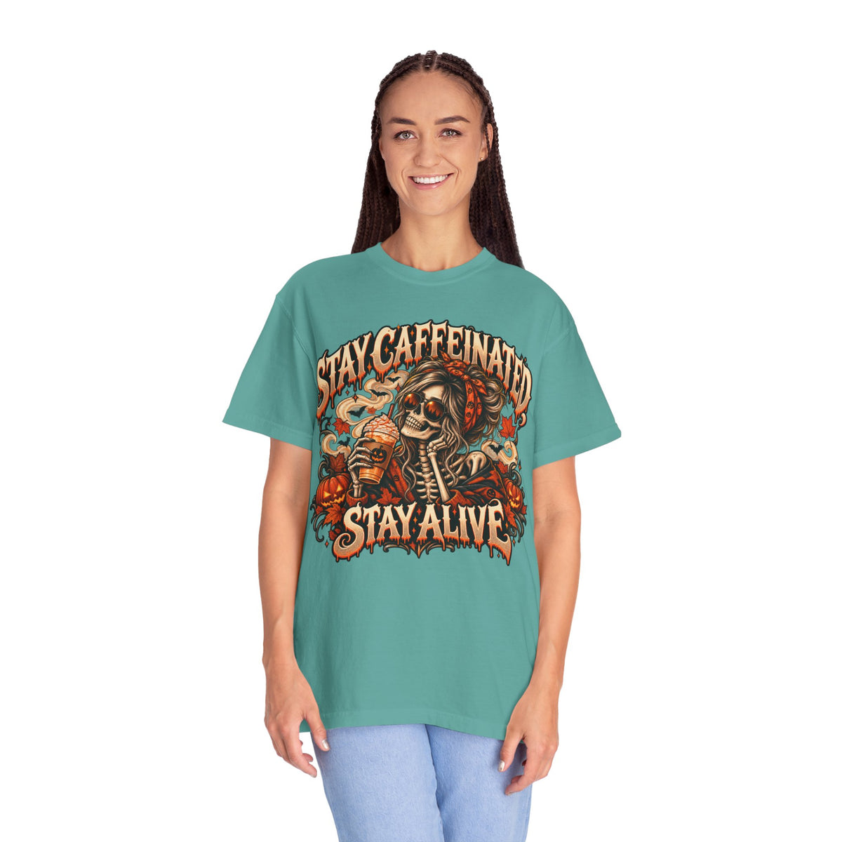 Stay Caffeinated Stay Alive Hers T-Shirt — Skeleton Coffee Graphic Tee