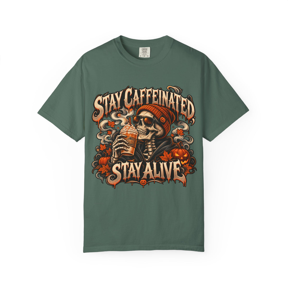 Stay Caffeinated Stay Alive skull sipping coffee HIS T-Shirt | Halloween coffee tee