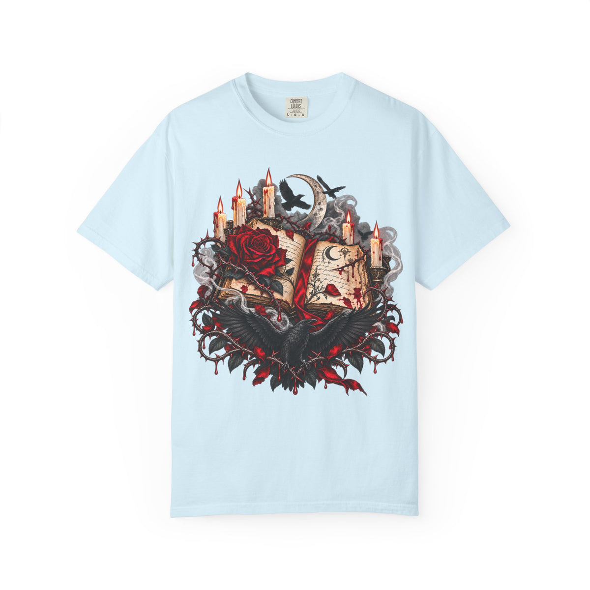 Gothic Spellbook Tee — Rose, Candles & Raven Graphic T-Shirt