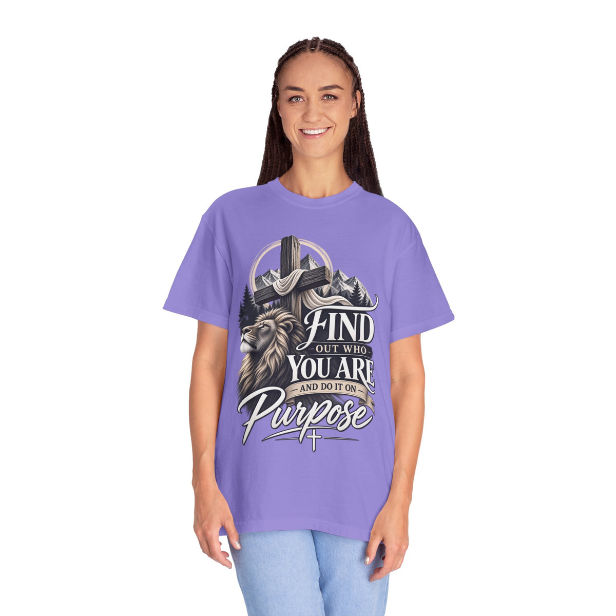 Find Out Who You Are Purpose T-Shirt — Inspirational Christian Mountain & Cross Tee