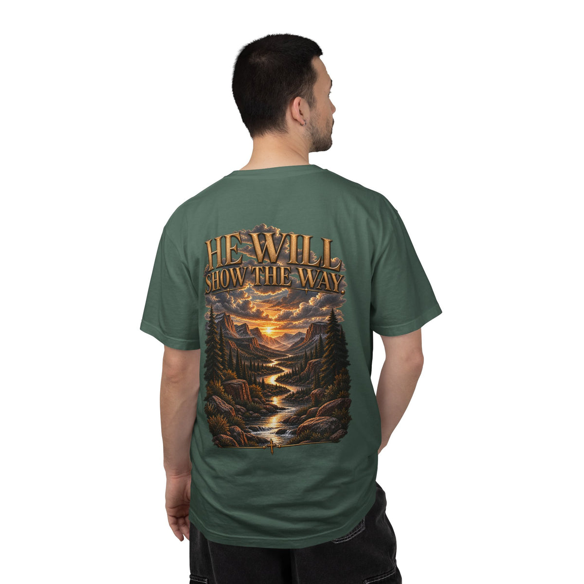 Psalm 23 Compass T-Shirt — "He Will Show The Way" Scenic Graphic Tee