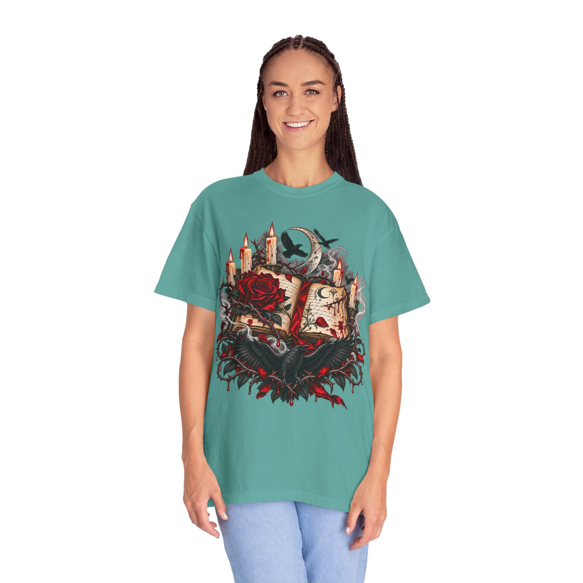 Gothic Spellbook Tee — Rose, Candles & Raven Graphic T-Shirt