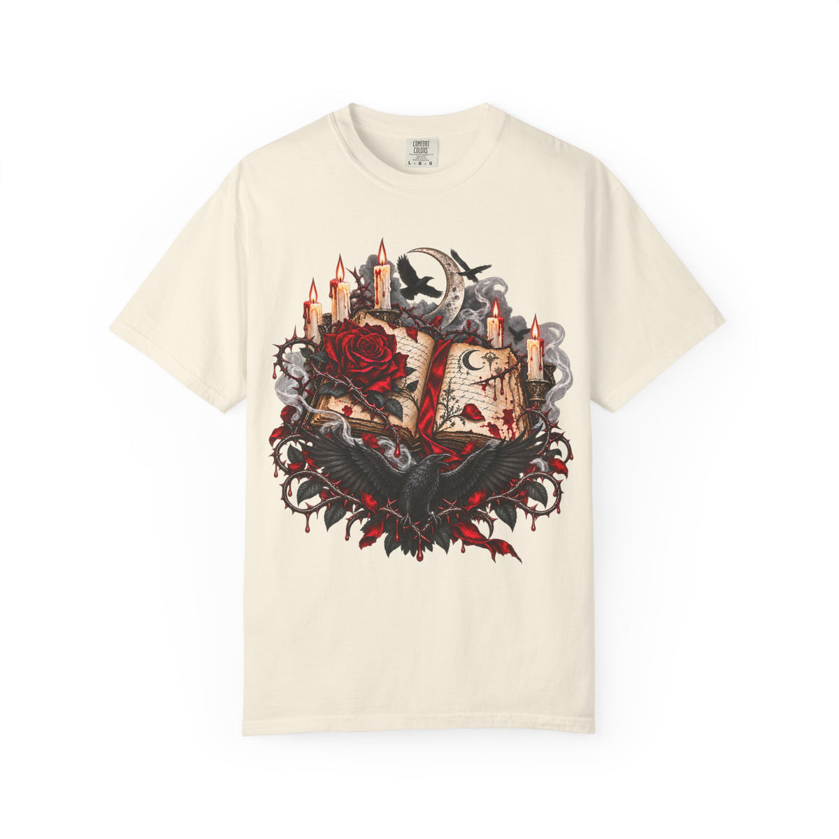 Gothic Spellbook Tee — Rose, Candles & Raven Graphic T-Shirt
