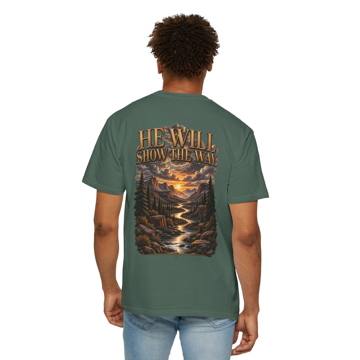 Psalm 23 Compass T-Shirt — "He Will Show The Way" Scenic Graphic Tee