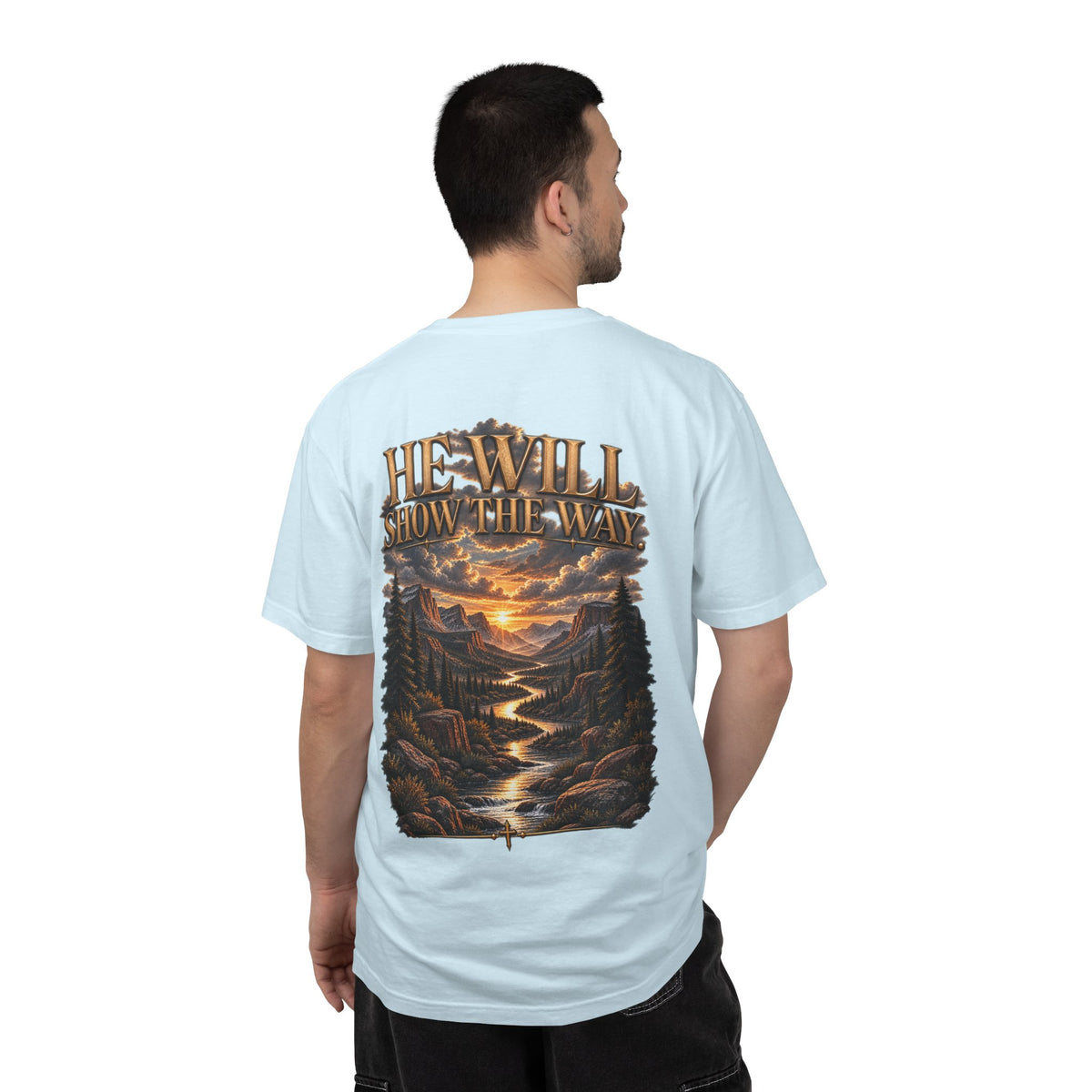 Psalm 23 Compass T-Shirt — "He Will Show The Way" Scenic Graphic Tee