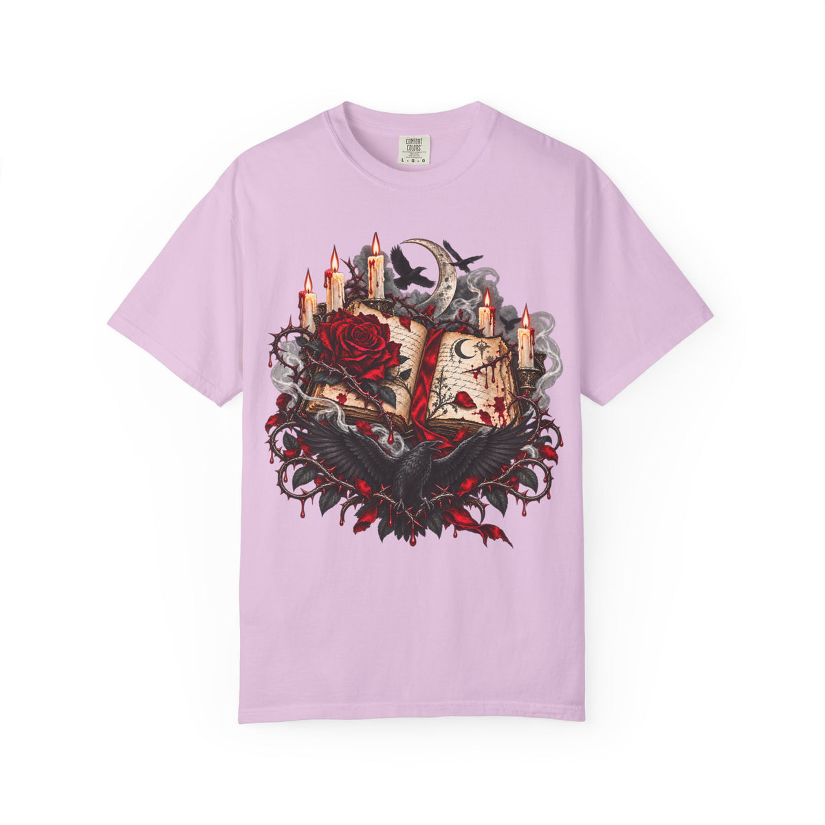 Occult Grimoire T-Shirt — Witchy Book, Rose & Candle Gothic Tee