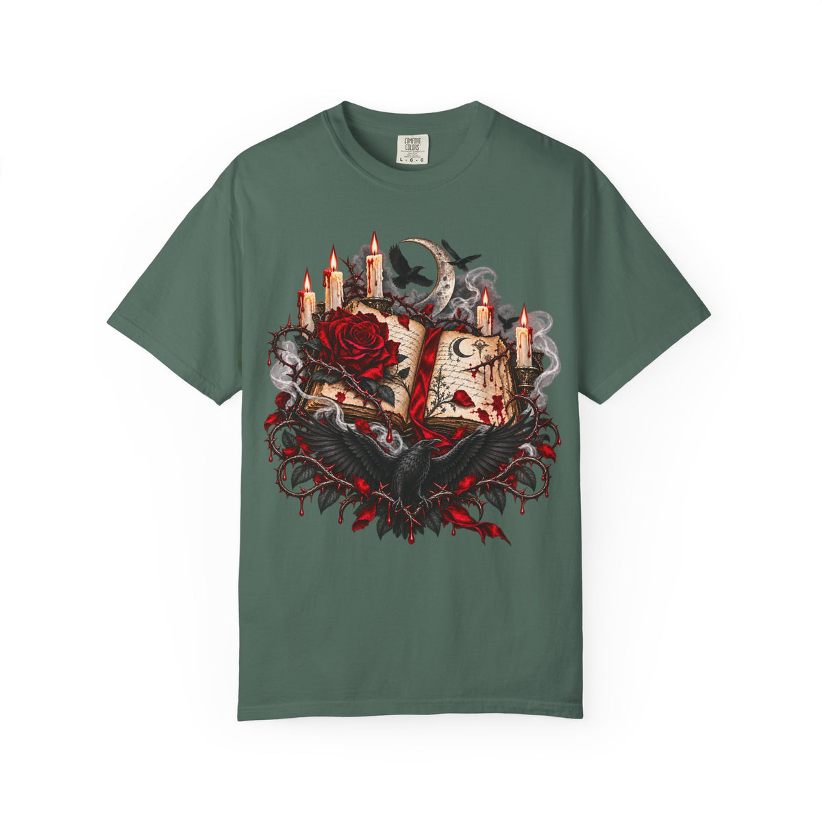Occult Grimoire T-Shirt — Witchy Book, Rose & Candle Gothic Tee