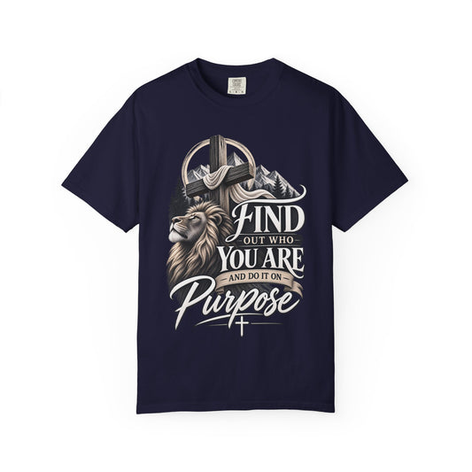 Find Out Who You Are Purpose T-Shirt — Inspirational Christian Mountain & Cross Tee