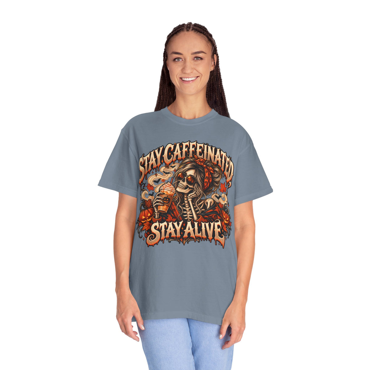 Stay Caffeinated Stay Alive Hers T-Shirt — Skeleton Coffee Graphic Tee