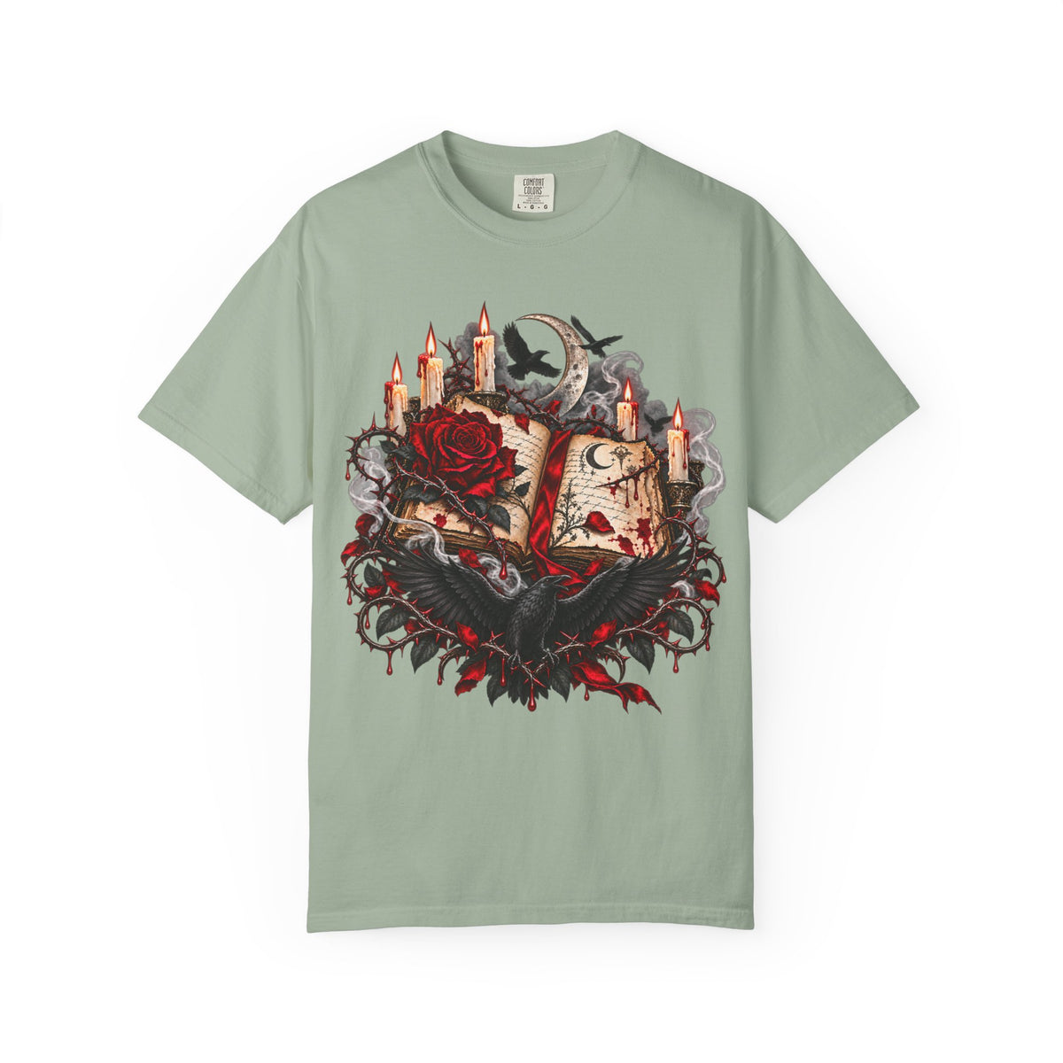 Gothic Spellbook Tee — Rose, Candles & Raven Graphic T-Shirt