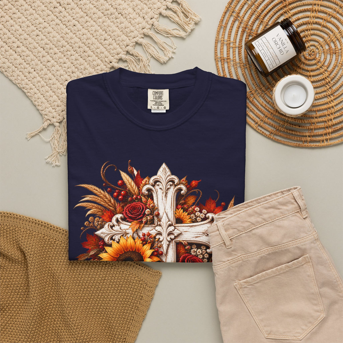 Autumn Harvest Cross and Sunflower T-Shirt