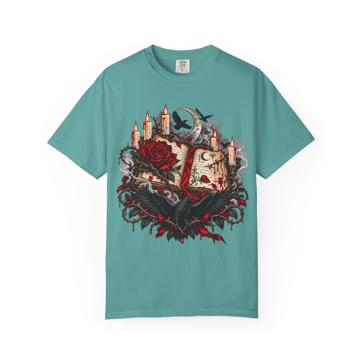 Gothic Spellbook Tee — Rose, Candles & Raven Graphic T-Shirt