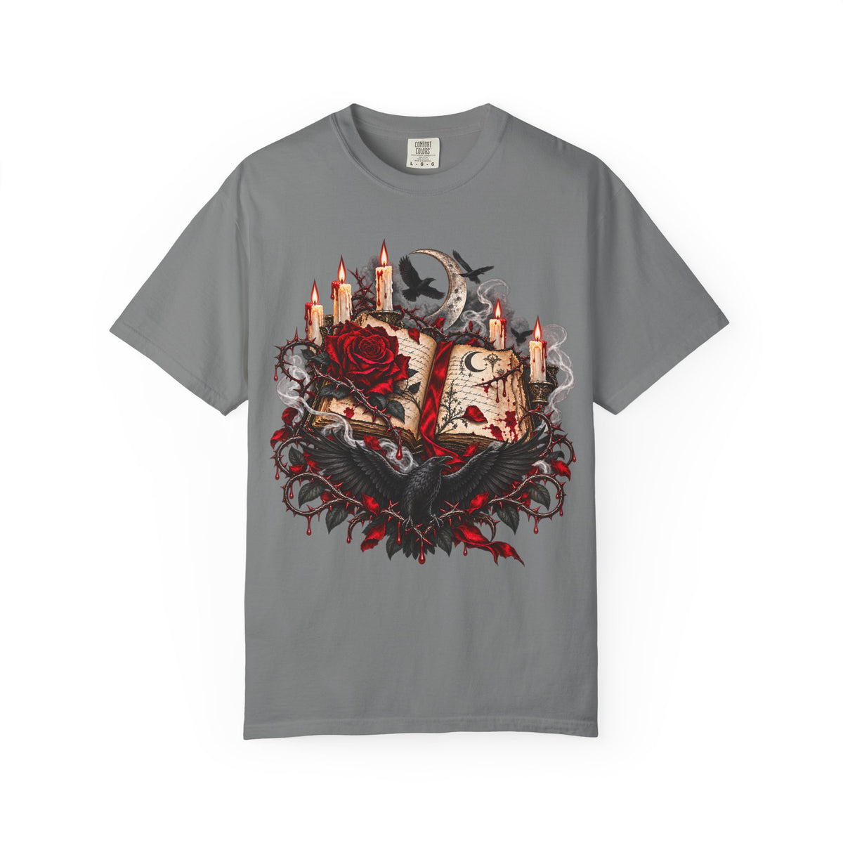 Gothic Spellbook Tee — Rose, Candles & Raven Graphic T-Shirt
