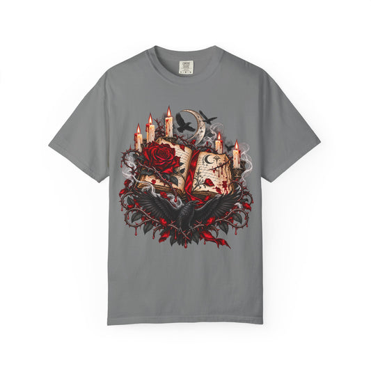 Gothic Spellbook Tee — Rose, Candles & Raven Graphic T-Shirt