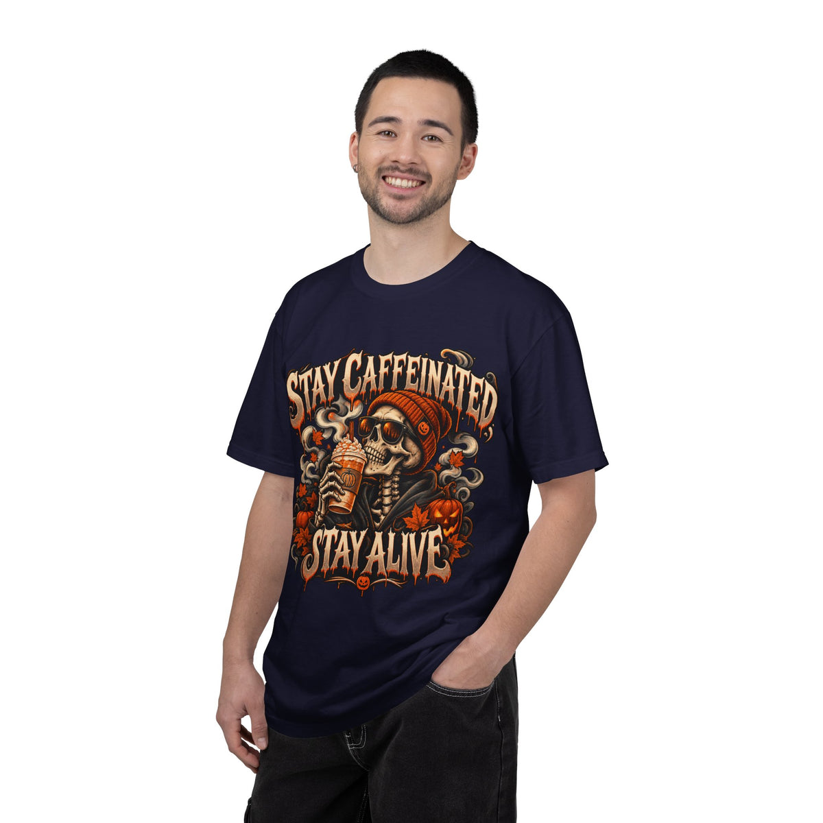 Stay Caffeinated Stay Alive skull sipping coffee HIS T-Shirt | Halloween coffee tee