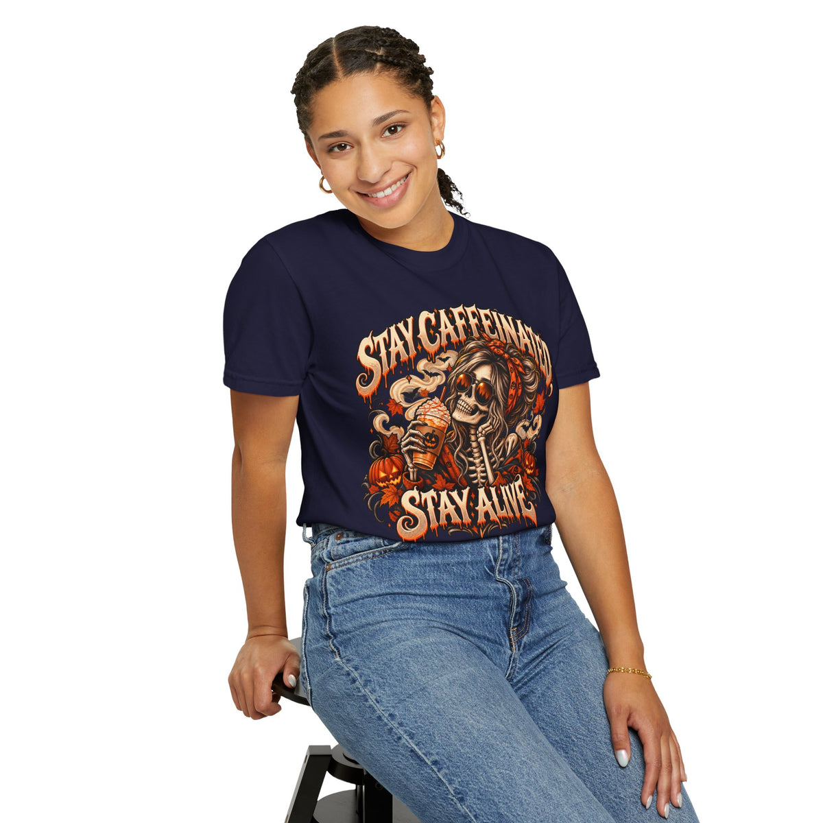 Stay Caffeinated Stay Alive Hers T-Shirt — Skeleton Coffee Graphic Tee