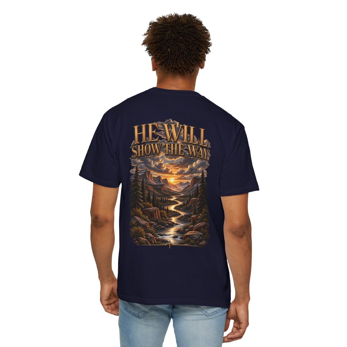 Psalm 23 Compass T-Shirt — "He Will Show The Way" Scenic Graphic Tee