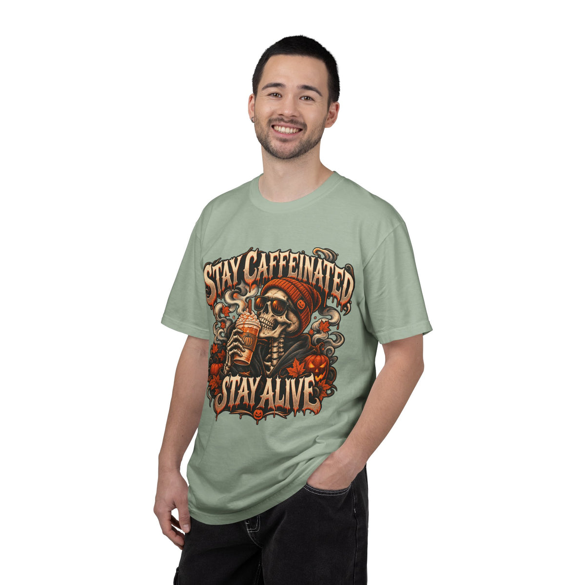 Stay Caffeinated Stay Alive skull sipping coffee HIS T-Shirt | Halloween coffee tee