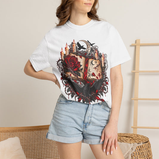Occult Grimoire T-Shirt — Witchy Book, Rose & Candle Gothic Tee