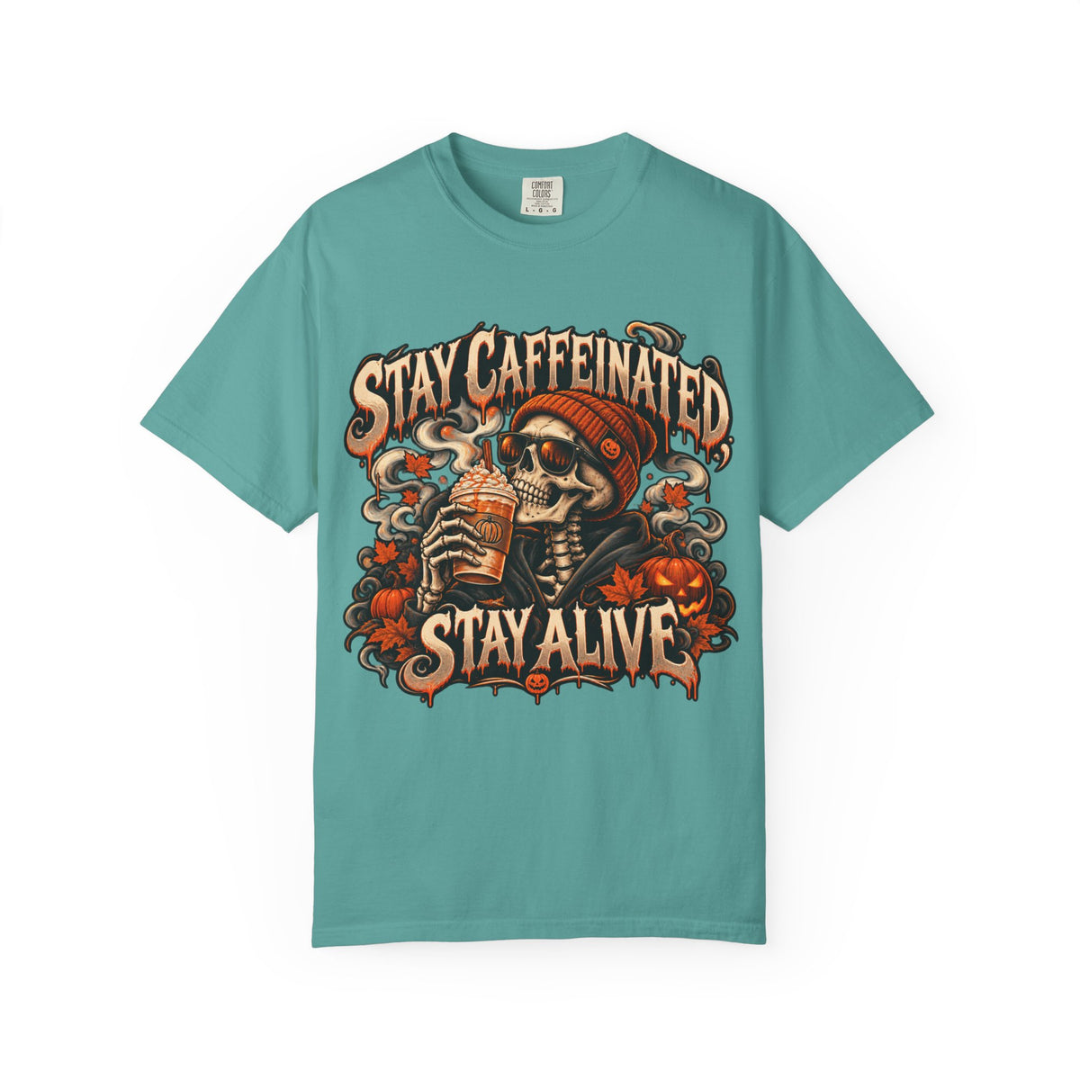 Stay Caffeinated Stay Alive skull sipping coffee HIS T-Shirt | Halloween coffee tee
