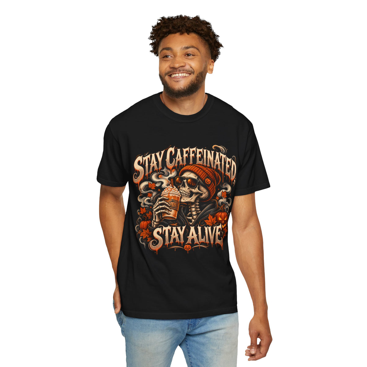 Stay Caffeinated Stay Alive skull sipping coffee HIS T-Shirt | Halloween coffee tee