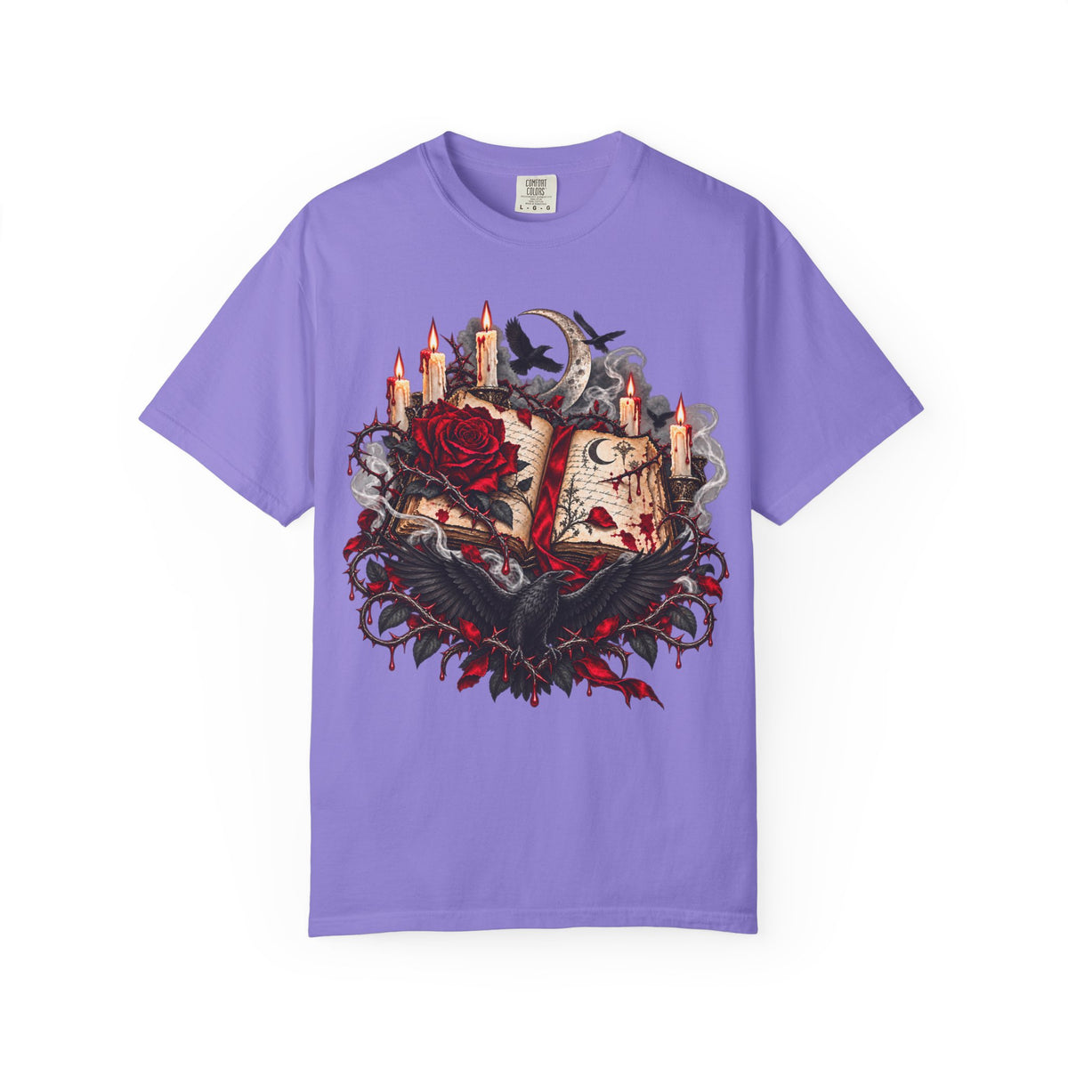 Occult Grimoire T-Shirt — Witchy Book, Rose & Candle Gothic Tee