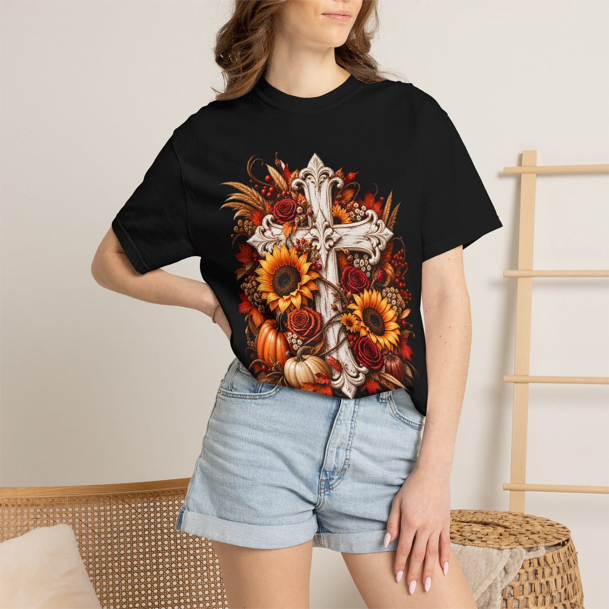 Autumn Harvest Cross and Sunflower T-Shirt
