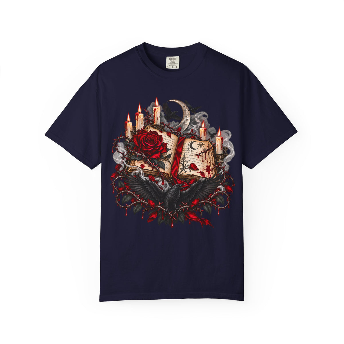 Occult Grimoire T-Shirt — Witchy Book, Rose & Candle Gothic Tee