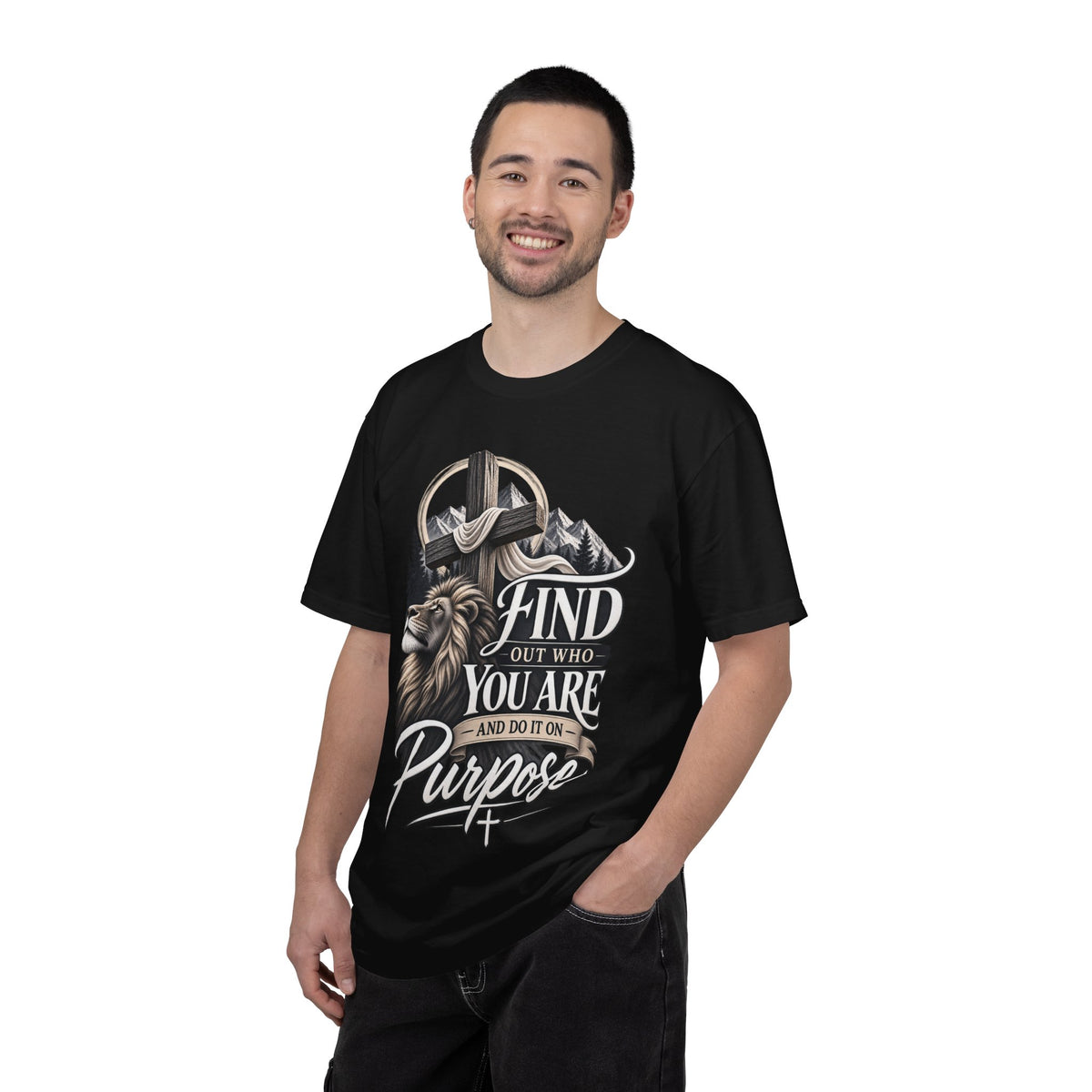 Find Out Who You Are Purpose T-Shirt — Inspirational Christian Mountain & Cross Tee