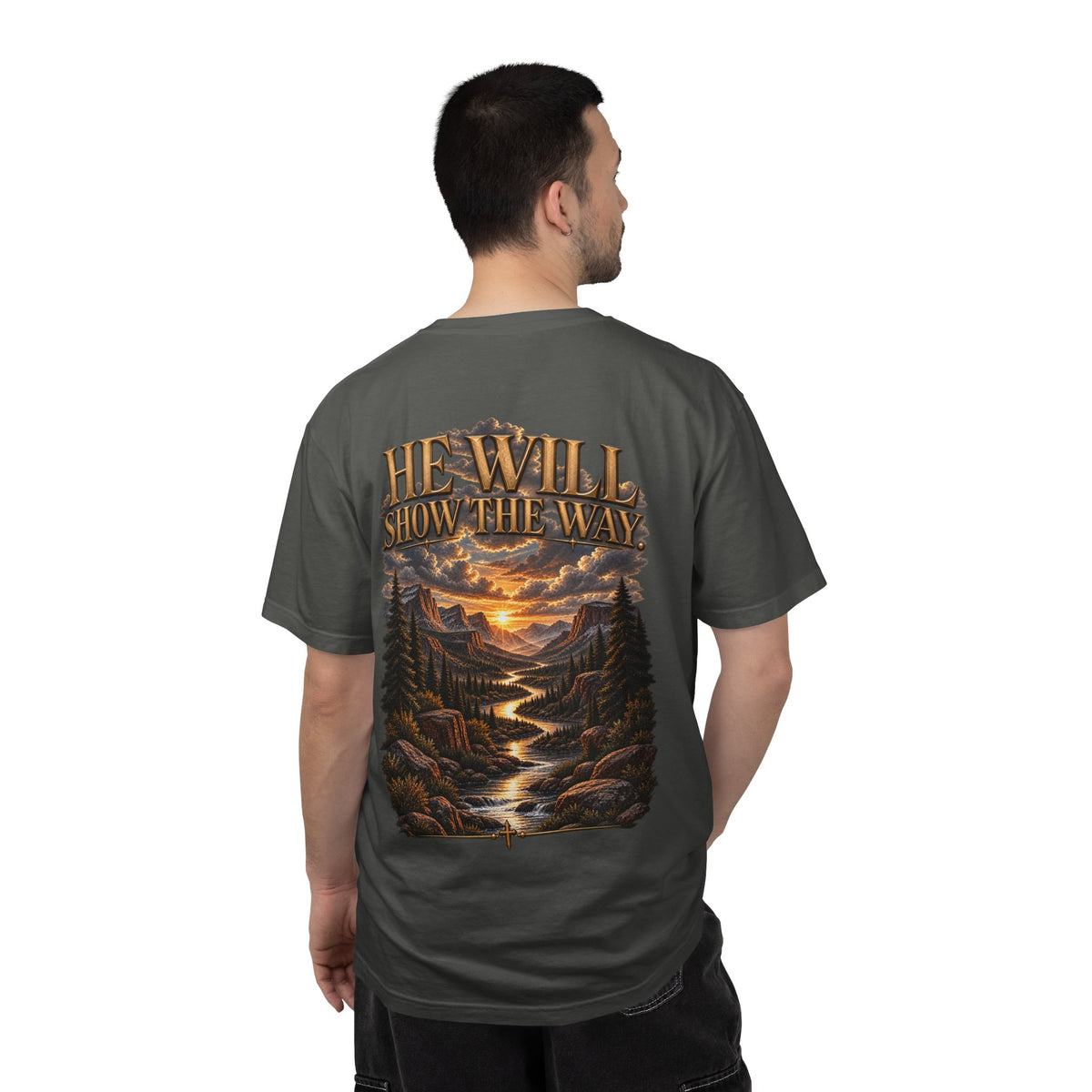 Psalm 23 Compass T-Shirt — "He Will Show The Way" Scenic Graphic Tee