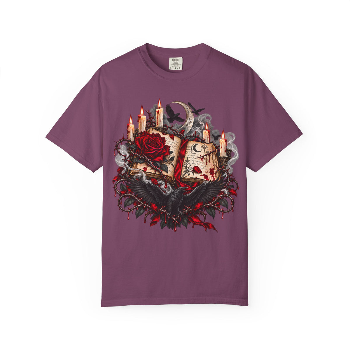 Occult Grimoire T-Shirt — Witchy Book, Rose & Candle Gothic Tee
