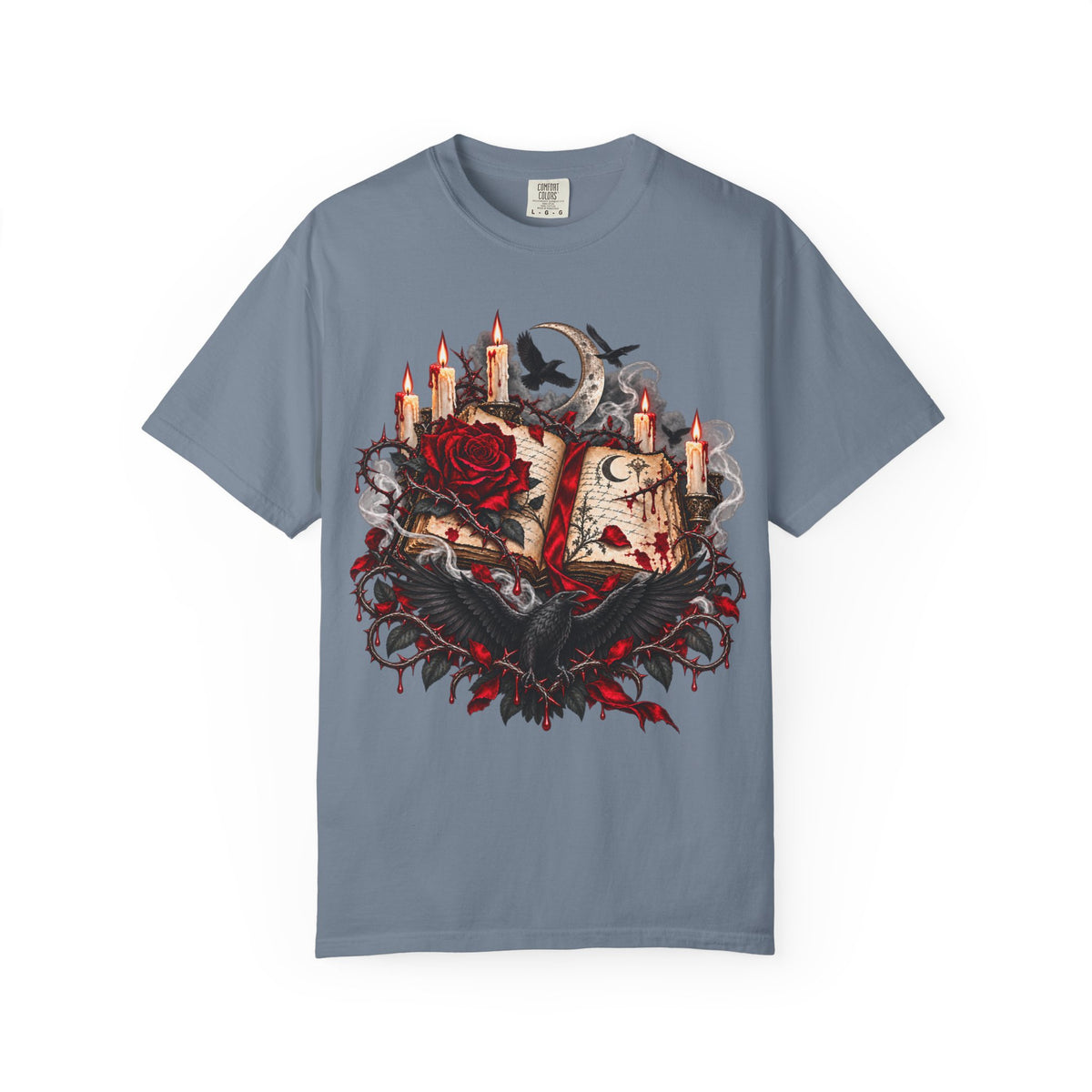 Gothic Spellbook Tee — Rose, Candles & Raven Graphic T-Shirt