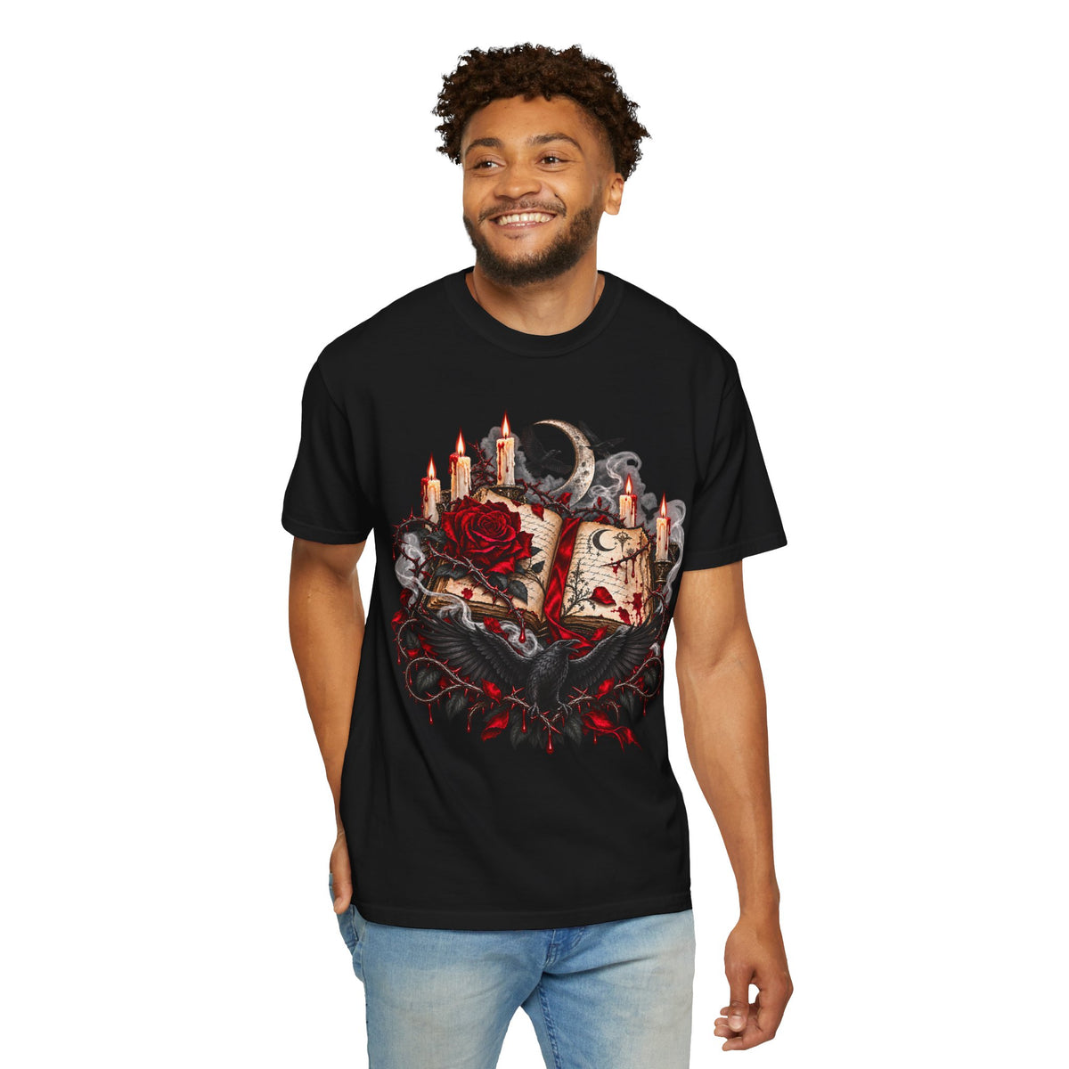Gothic Spellbook Tee — Rose, Candles & Raven Graphic T-Shirt